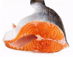 Pieces of fresh raw salmon floating in the air, isolated on white background photo