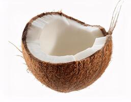 Fallen coconut floating in the air, isolated on white background photo