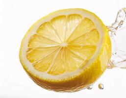 Falling fresh lemon slices floating in the air, isolated on white background photo