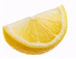 Falling fresh lemon slices floating in the air, isolated on white background photo
