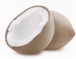 Fallen coconut floating in the air, isolated on white background photo