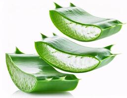 Falling aloe vera in slice shape, isolated on white background and sharp clipping path photo