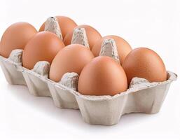 Ten chicken eggs lying in a paper box, isolated on a white background photo
