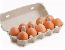Ten chicken eggs lying in a paper box, isolated on a white background photo