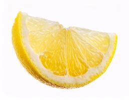 Falling fresh lemon slices floating in the air, isolated on white background photo