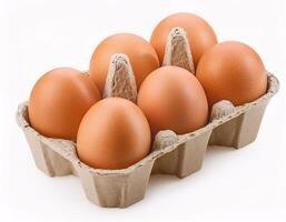 Ten chicken eggs lying in a paper box, isolated on a white background photo