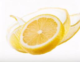 Falling fresh lemon slices floating in the air, isolated on white background photo