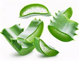 Falling aloe vera in slice shape, isolated on white background and sharp clipping path photo