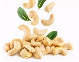Falling cashew nuts floating in the air, isolated on white background photo
