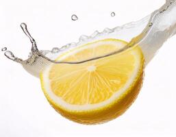 Falling fresh lemon slices floating in the air, isolated on white background photo