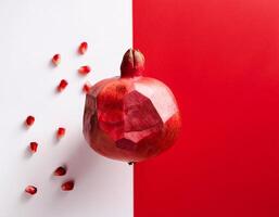 beautifully positioned pomegranates on a red and white background photo