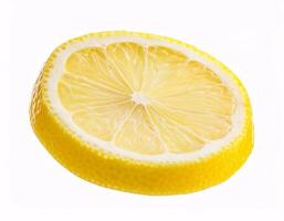 Falling fresh lemon slices floating in the air, isolated on white background photo