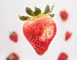 The strawberry fruit floated with a bite mark in the middle photo