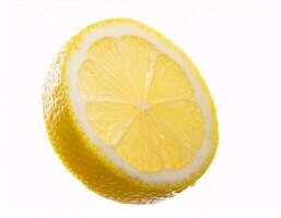 Falling fresh lemon slices floating in the air, isolated on white background photo