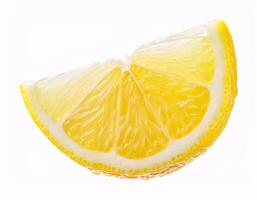 Falling fresh lemon slices floating in the air, isolated on white background photo
