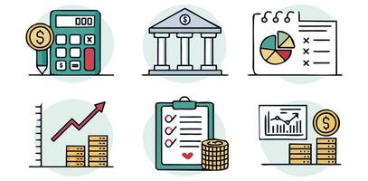 Set of financial icons representing banking, accounting, investment and financial planning using calculator, bank, checklist, coins, charts, and pie chart vector