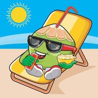 Coconut Mascot is relaxing on the beach vector