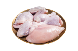 Fresh raw chicken meat with various parts - drumstick, breast fillet, wings, thigh. Black background. Top view png