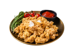 crujiente palomitas de maiz pollo con parilla salsa en un lámina. oscuro antecedentes. parte superior ver png