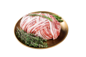 Raw meatloaf with ground beef meat and bacon with herbs and spices, fresh meat loaf. Dark background. Top view png
