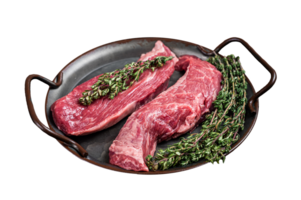 Raw Bavette or Sirloin flap beef meat steak with thyme. Dark background. Top view png