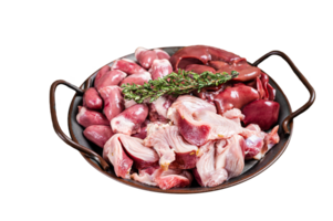 Raw bird giblets meat set, chicken offals, liver, hearts, gizzards Stomach. Wooden background. Top view png