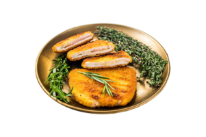 Chicken fried Cordon bleu cutlet with ham and cheese on a plate with herbs. White background. Top view png