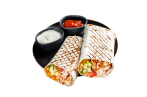 Shawarma, Shaurma chicken roll with vegetable salad. Wooden background. Top view. Copy space png
