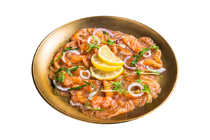 Fresh raw salmon carpaccio slices with onion and arugula served on a plate. White background. Top view png