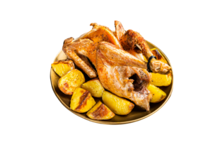 Roasted guinea fowl with herbs and potato, cooked farm eco bird. Wooden background. Top view. Copy space png