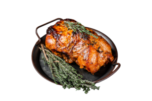 Roasted Glazed Pork meat Roll with thyme and tomato sauce. Black background. Top view png