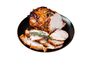 Roast rolled pork ham meat on plate with thyme. Dark background. Top view png