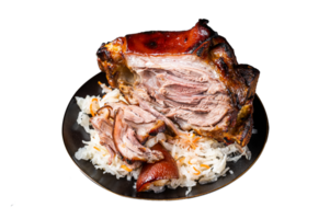 Roast Pork Ham Hock, knuckle with Sauerkraut on a plate. Black background. Top view png