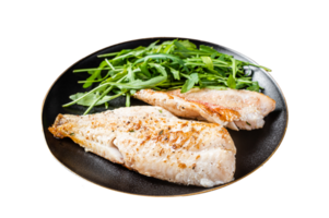 Roasted Snapper, sea red perch fillet on a plate with salad. Dark background. Top view png