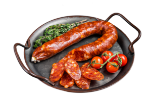 Sliced Chorizo sausage, slices of dry cured pork with herbs and spices. Black background. Top view png