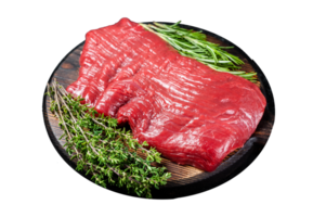 Raw flank beef steak, uncooked meat with herbs. Black background. Top view png