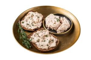 Toasts with Cod liver Spread pate on a plate. Orange background. Top view png