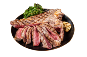 Grilled Medium rare Porterhouse, T-Bone Steak sliced in a plate. Dark background. Top view png