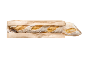French baguette in a paper bag. gray background. top view png