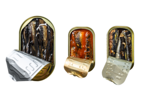 Assorted canned fish in a tin sardine, smoked sardine, mackerel. Grey wooden background. Top view png