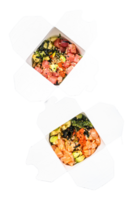 Wok noodle in paper box with vegetables , salmon and tuna. street food to go, take away. White background. Top view png
