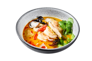 Tom yam kong or Tom yum, spicy clear soup.Tom Yam. Gray background. Top view png