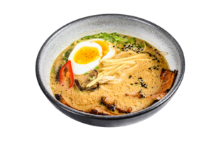 Ramen asian noodle soup with Beef tongue meat, mushroom and Ajitama pickled egg. White background. Top view png
