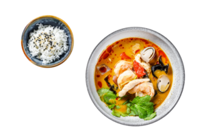 Tom yam kong or Tom yum, spicy clear soup.Tom Yam. Black background. Top view png