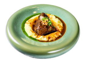 Beef tenderloin steak with mashed potatoes. White background. Top view png