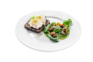 Sandwiches with sardines, egg, cucumber and cream cheese, salad garnish with spinach and dried tomatoes. White background. Top view png