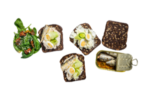 Delicious appetizer tapas, soft boiled eggs and canned sardines sandwiches. Salad with spinach and dried tomatoes. White background. Top view png
