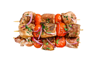 Shish kebab with onion and tomato. Grilled meat skewers. Black background. Top view png