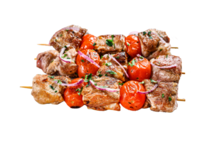 Pork kebab on skewers with tomato and pepper. Food for a picnic. Gray background. Top view png