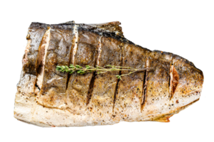 Grilled Yellowtail, Japanese amberjack fillet on a plate. Black background. Top view png